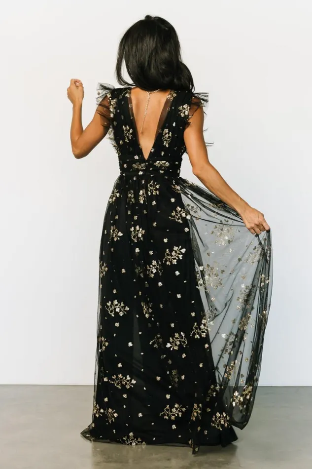 Women Natalia Floral Embellished Maxi Dress Black Gold Baltic Born Embellished and Sequined