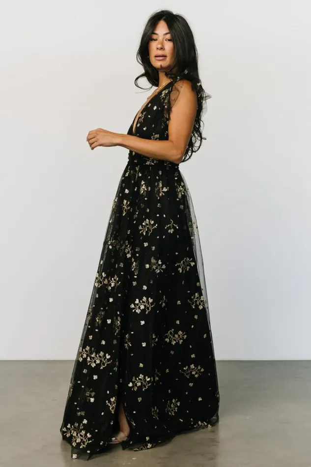 Women Natalia Floral Embellished Maxi Dress Black Gold Baltic Born Embellished and Sequined