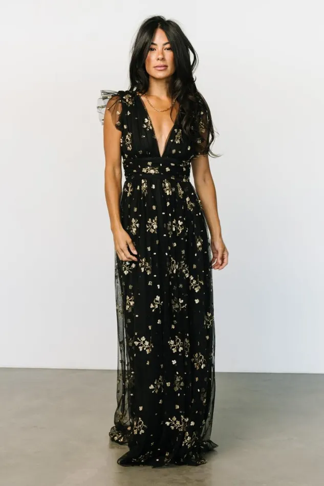 Women Natalia Floral Embellished Maxi Dress Black Gold Baltic Born Embellished and Sequined