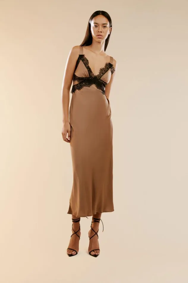 Women Occasion Dresses Bardot Delta Satin Midi Dress In Bronze Bronze