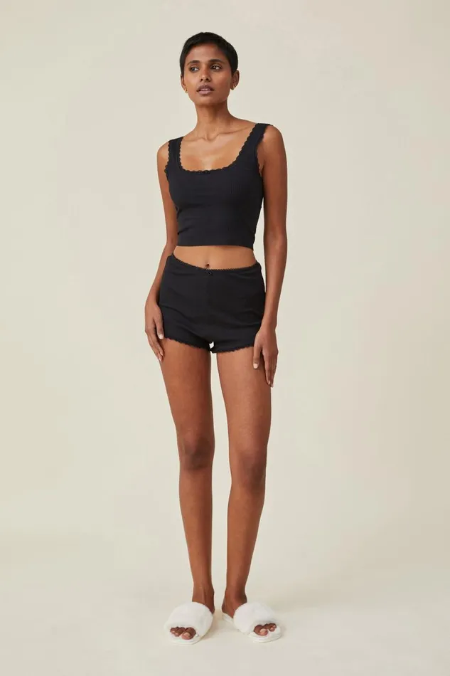 Women Pajamas Cotton On Rib Lace Short Black