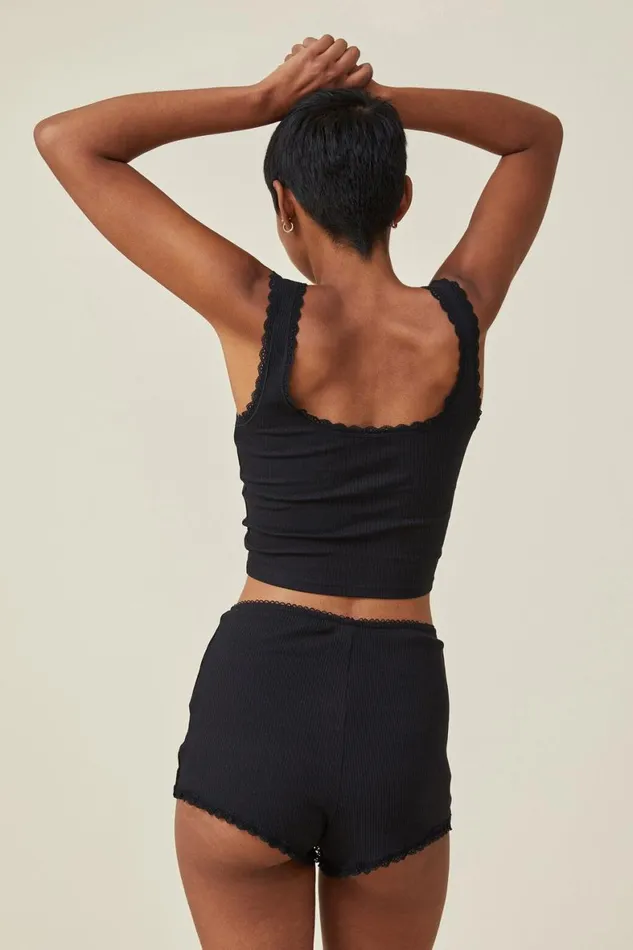 Women Pajamas Cotton On Rib Lace Short Black