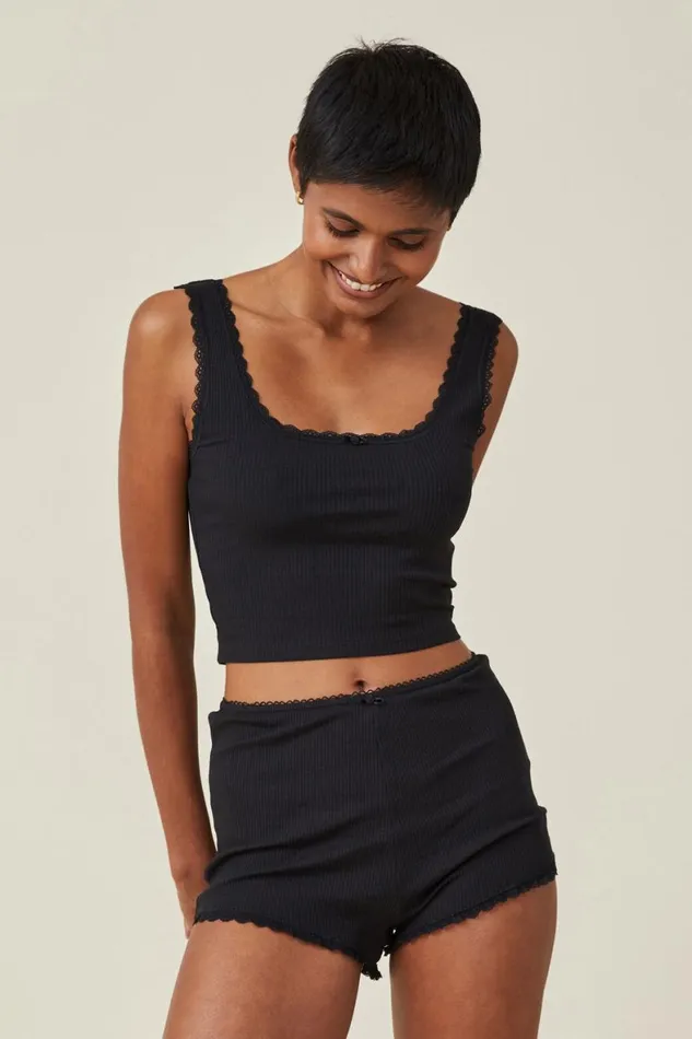 Women Pajamas Cotton On Rib Lace Short Black