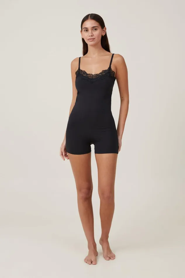 Women Pajamas Cotton On Soft Lounge Lace Trim Romper Black