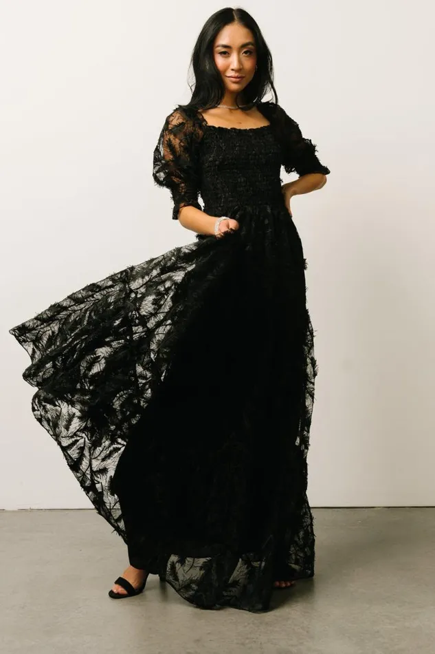 Women Paloma Smocked Feather Maxi Dress Black Baltic Born Maxi Dresses