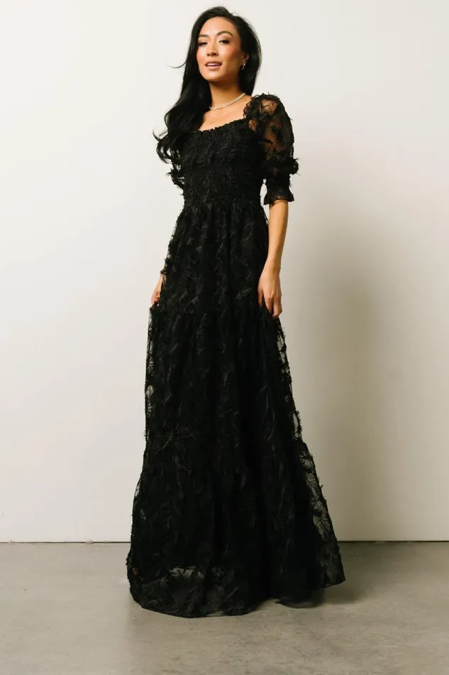 Women Paloma Smocked Feather Maxi Dress Black Baltic Born Maxi Dresses