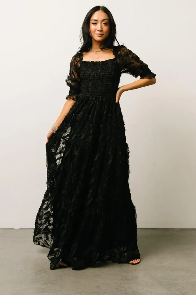 Women Paloma Smocked Feather Maxi Dress Black Baltic Born Maxi Dresses