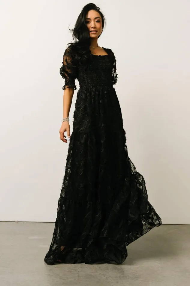 Women Paloma Smocked Feather Maxi Dress Black Baltic Born Maxi Dresses