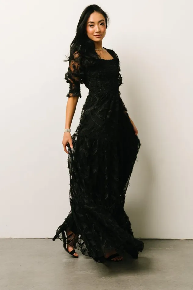 Women Paloma Smocked Feather Maxi Dress Black Baltic Born Maxi Dresses