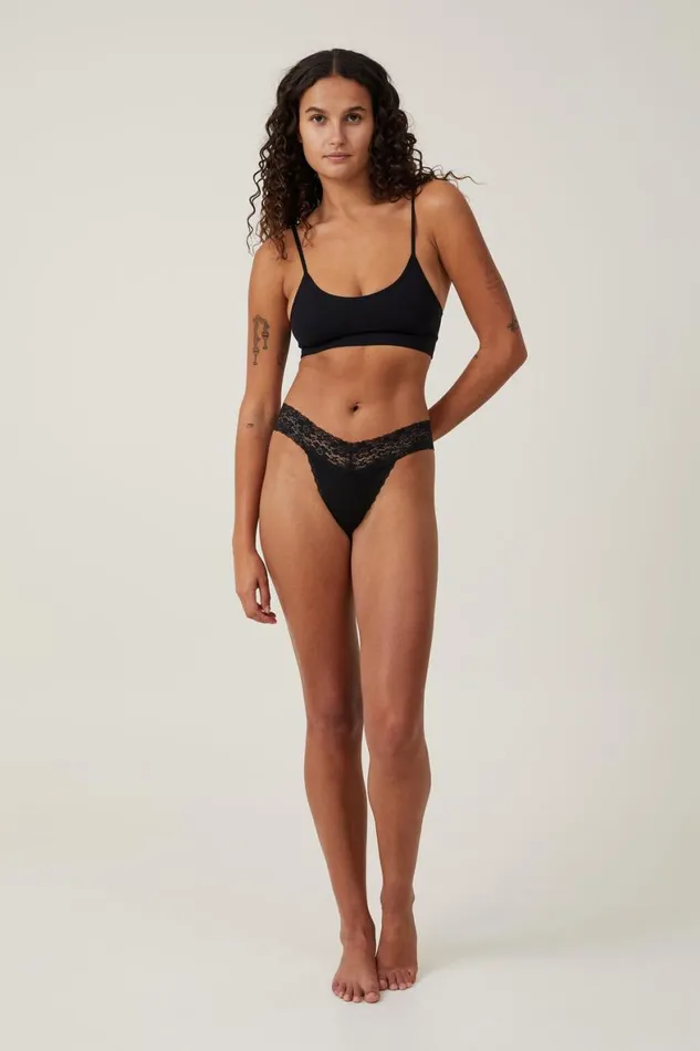 Women Panties Cotton On Everyday Lace Comfy Thong Black