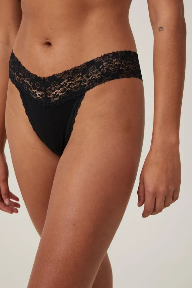 Women Panties Cotton On Everyday Lace Comfy Thong Black