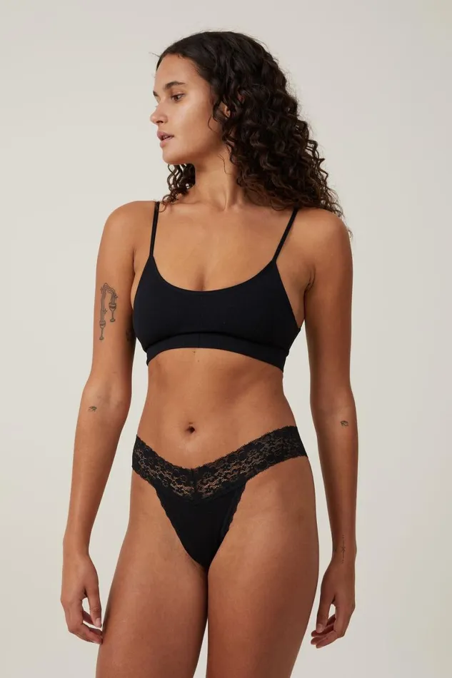 Women Panties Cotton On Everyday Lace Comfy Thong Black