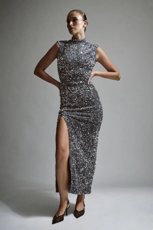 Women Party Dresses Bardot Kelso Velvet Sequin Maxi Dress In Silver Silver