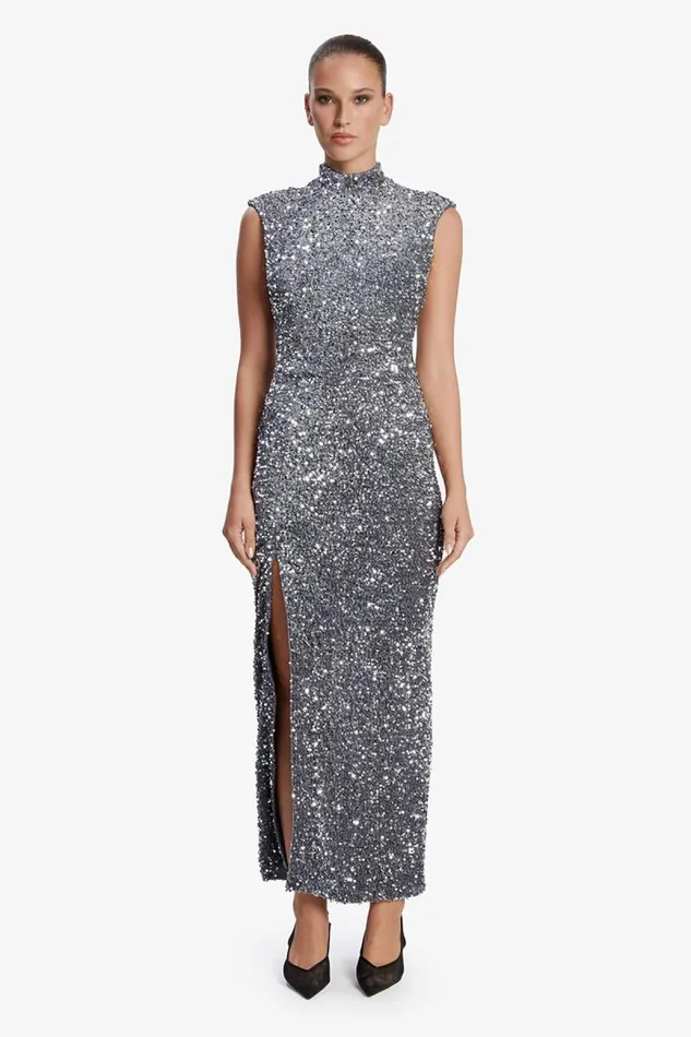 Women Party Dresses Bardot Kelso Velvet Sequin Maxi Dress In Silver Silver