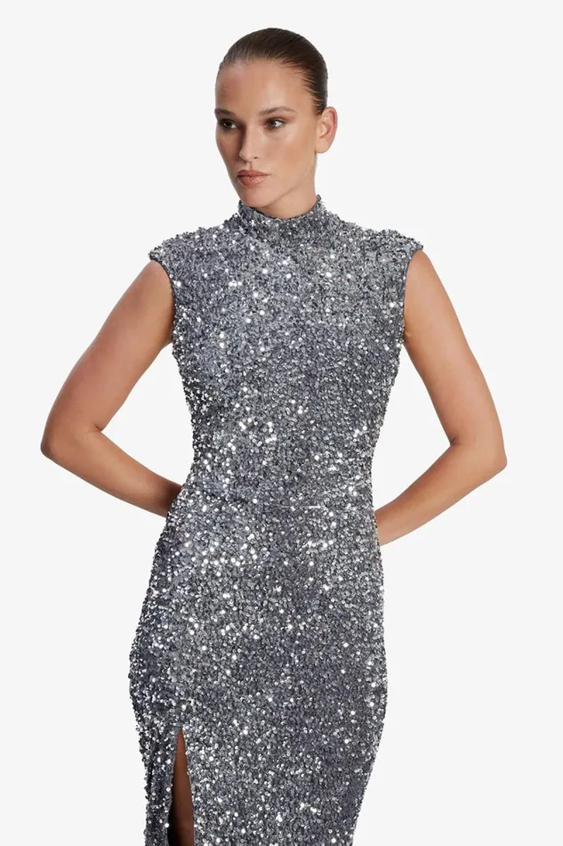 Women Party Dresses Bardot Kelso Velvet Sequin Maxi Dress In Silver Silver