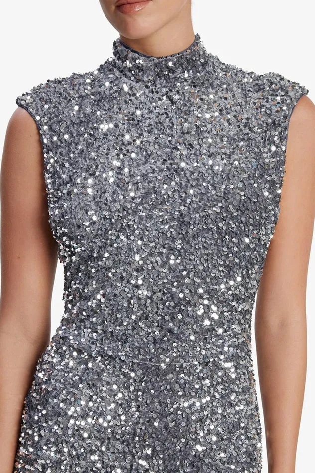 Women Party Dresses Bardot Kelso Velvet Sequin Maxi Dress In Silver Silver