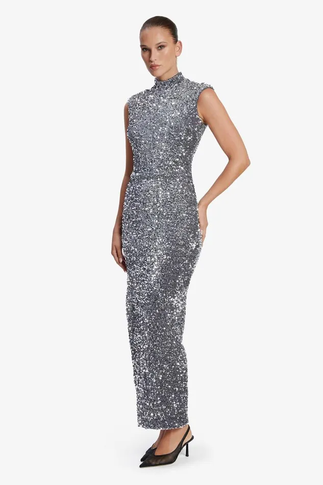 Women Party Dresses Bardot Kelso Velvet Sequin Maxi Dress In Silver Silver