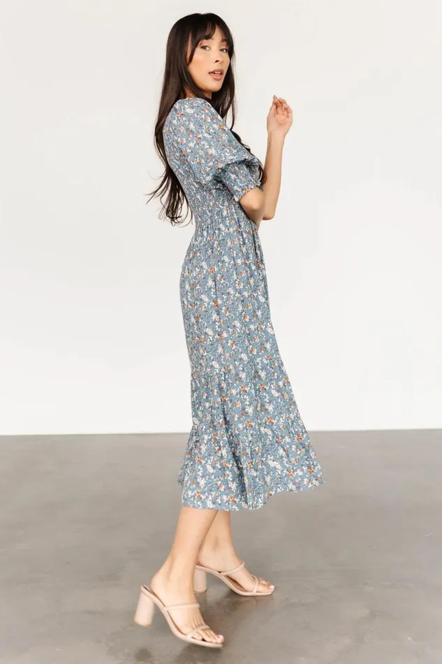 Women Pele Tiered Midi Dress Vintage Blue Floral Baltic Born Bump Friendly