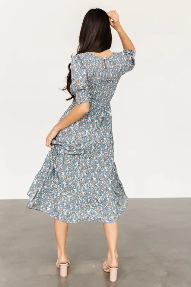 Women Pele Tiered Midi Dress Vintage Blue Floral Baltic Born Bump Friendly