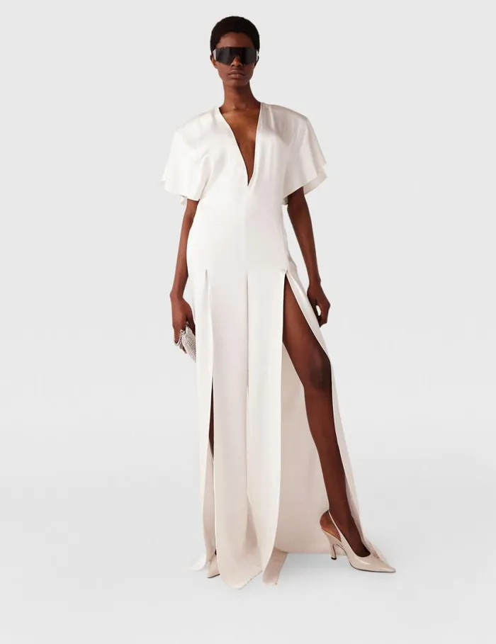 Women Plunge Neck LegSlit Jumpsuit White Stella McCartney Dresses Women Plunge Neck LegSlit Jumpsuit White Stella McCartney Dresses