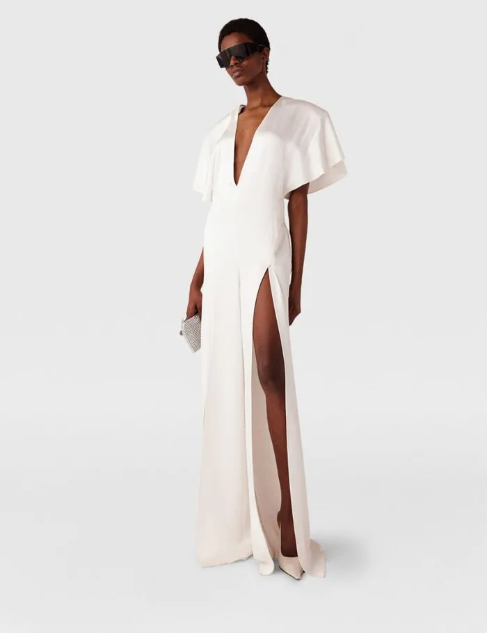 Women Plunge Neck LegSlit Jumpsuit White Stella McCartney Dresses Women Plunge Neck LegSlit Jumpsuit White Stella McCartney Dresses
