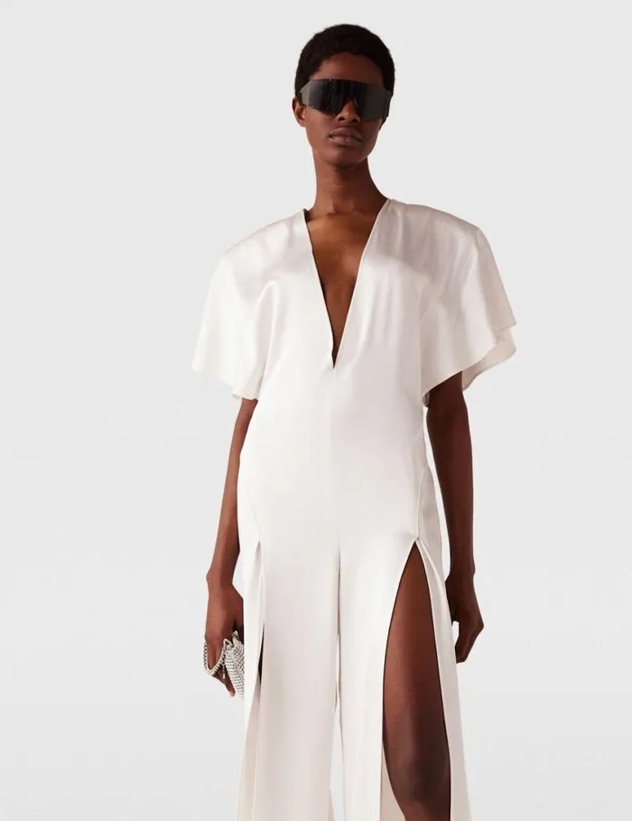 Women Plunge Neck LegSlit Jumpsuit White Stella McCartney Dresses Women Plunge Neck LegSlit Jumpsuit White Stella McCartney Dresses