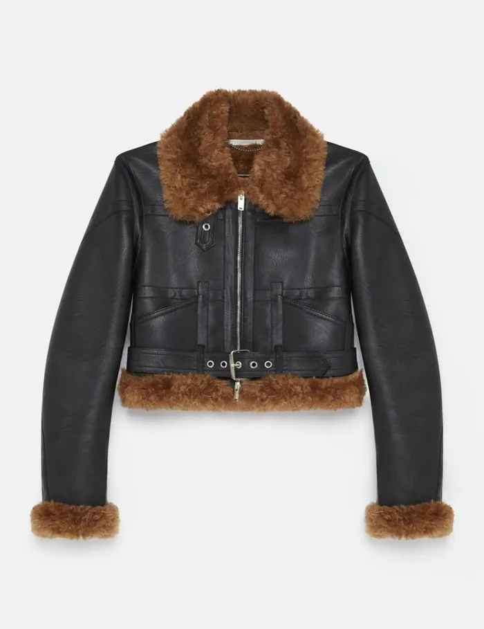 Women Plush Teddy Cropped Biker Jacket Midnight Black Stella McCartney Coats And Jackets