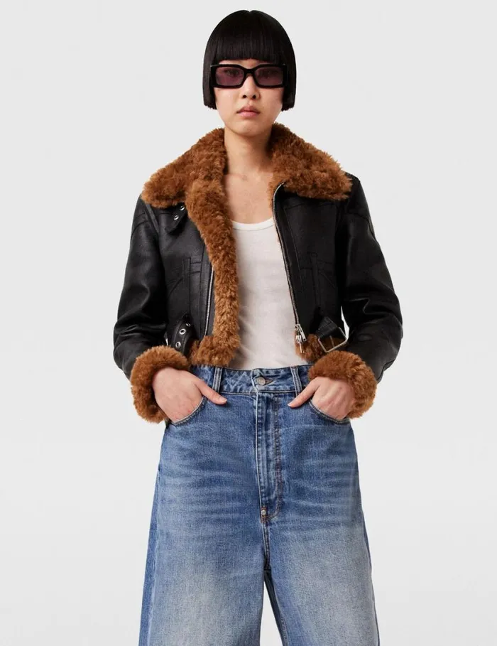Women Plush Teddy Cropped Biker Jacket Midnight Black Stella McCartney Coats And Jackets Women Plush Teddy Cropped Biker Jacket Midnight Black Stella McCartney Coats And Jackets
