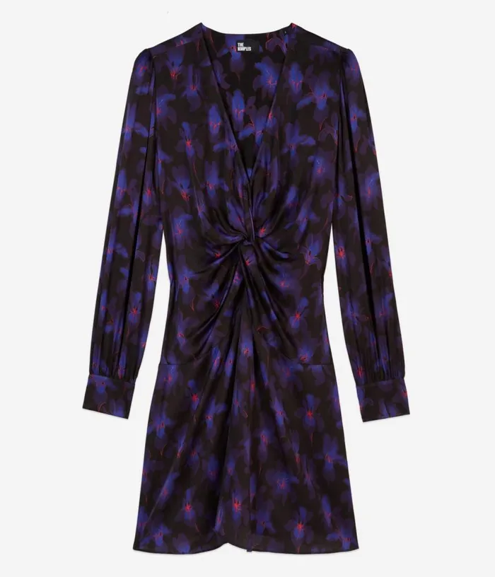 Women Purple Floral Print Long Sleeve Short Dress With Draping THE KOOPLES Dresses and Jumpsuits
