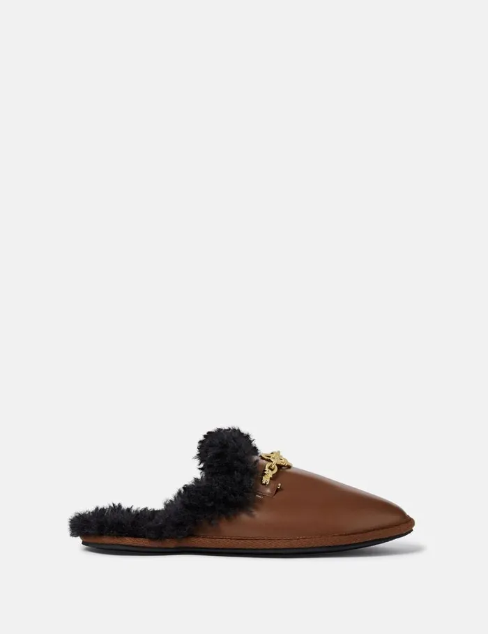 Women Ryder Backless Vegan Plush TeddyLined Loafers Tortoiseshell Brown Stella McCartney Flats