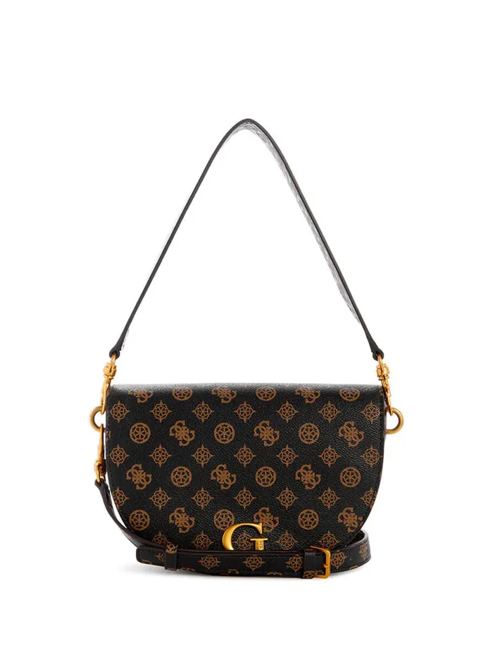 Women Satchel GUESS Black Brown Danna Logo Saddle Bag