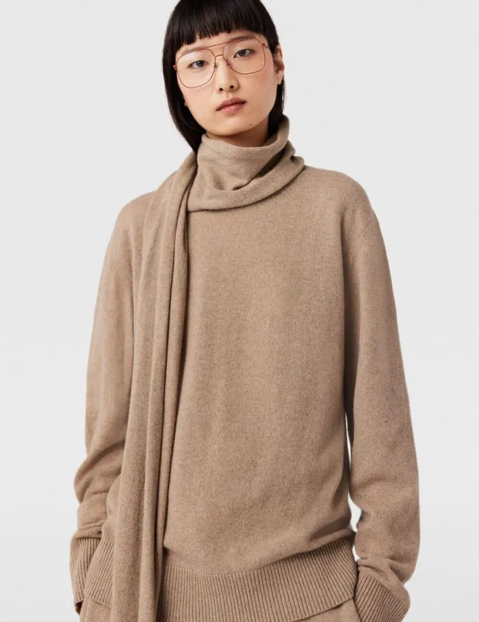 Women Scarf Detail Long Sleeve Sweater Sandy Beige Stella McCartney Knitwear Women Scarf Detail Long Sleeve Sweater Sandy Beige Stella McCartney Knitwear