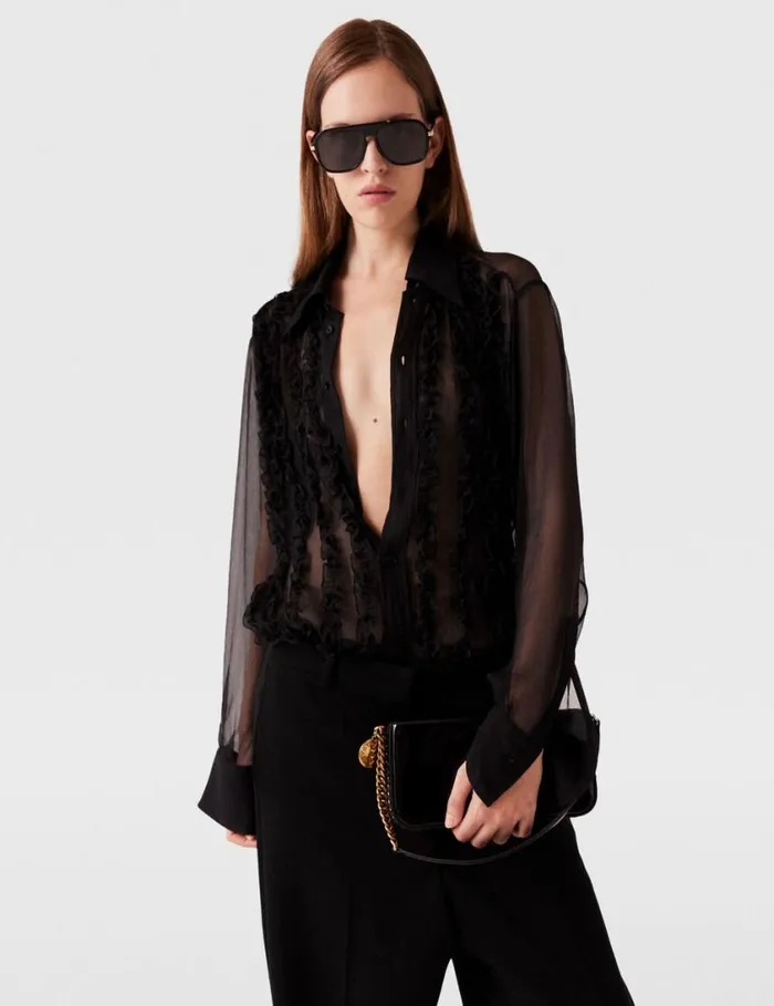 Women Sheer Ruffled Chiffon Shirt Black Stella McCartney Shirts And Tops Women Sheer Ruffled Chiffon Shirt Black Stella McCartney Shirts And Tops