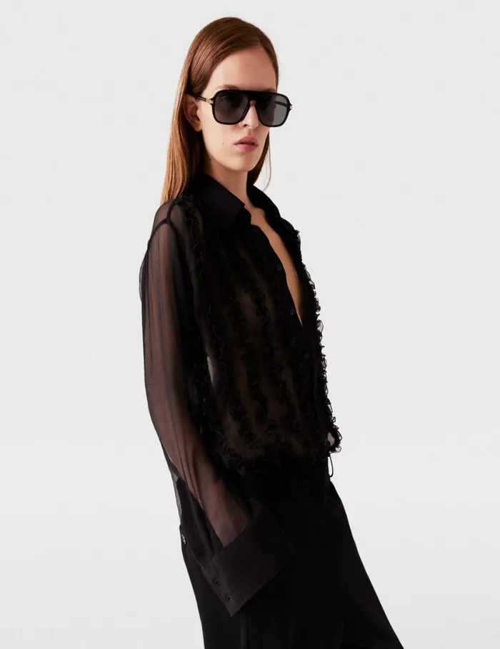Women Sheer Ruffled Chiffon Shirt Black Stella McCartney Shirts And Tops Women Sheer Ruffled Chiffon Shirt Black Stella McCartney Shirts And Tops