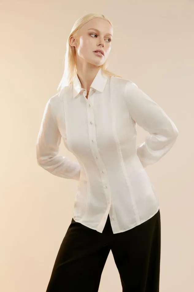 Women Shirts and Blouses Bardot Fitted Satin Shirt In Oyster Oyster