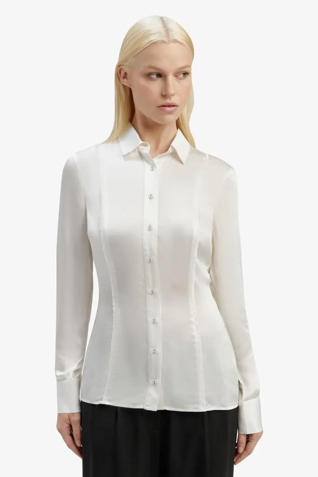 Women Shirts and Blouses Bardot Fitted Satin Shirt In Oyster Oyster Women Shirts and Blouses Bardot Fitted Satin Shirt In Oyster Oyster