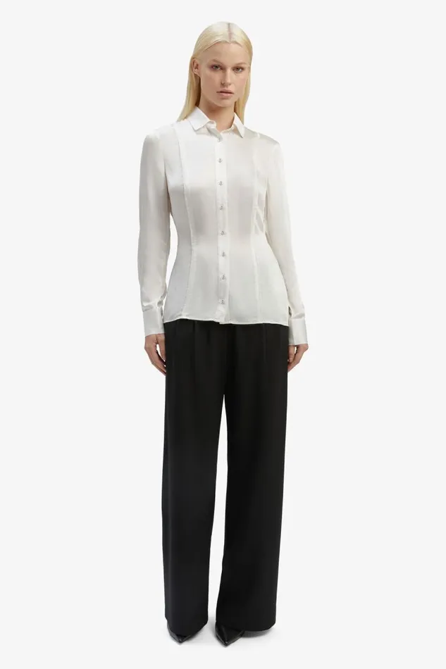 Women Shirts and Blouses Bardot Fitted Satin Shirt In Oyster Oyster Women Shirts and Blouses Bardot Fitted Satin Shirt In Oyster Oyster