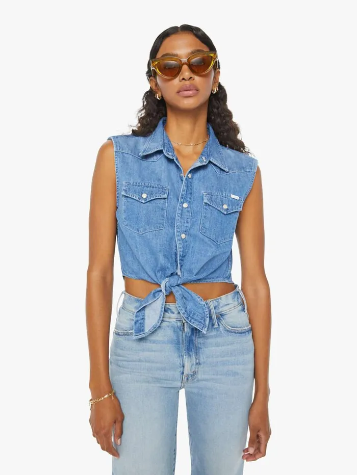 Women Shirts Mother Denim The Sleeveless Knotted Exes Blue medium