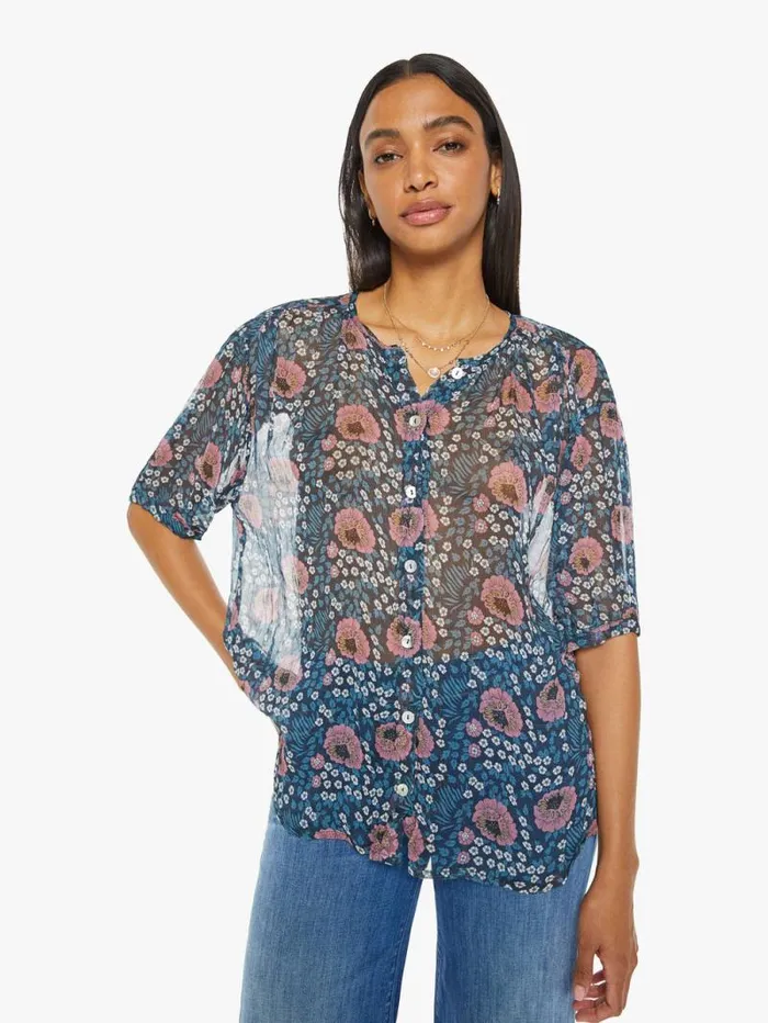 Women Shirts Mother Denim Violet Top Vintage Flowers Indigo