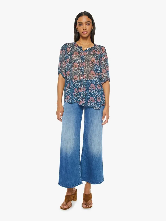 Women Shirts Mother Denim Violet Top Vintage Flowers Indigo