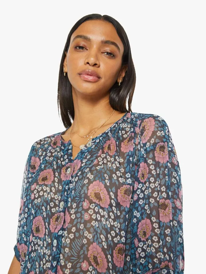Women Shirts Mother Denim Violet Top Vintage Flowers Indigo