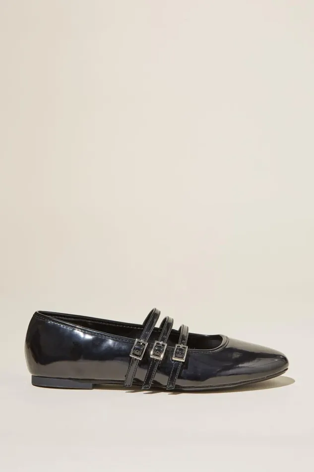 Women Shoes and Slippers Cotton On Amy Round Strappy Ballet Black Patent