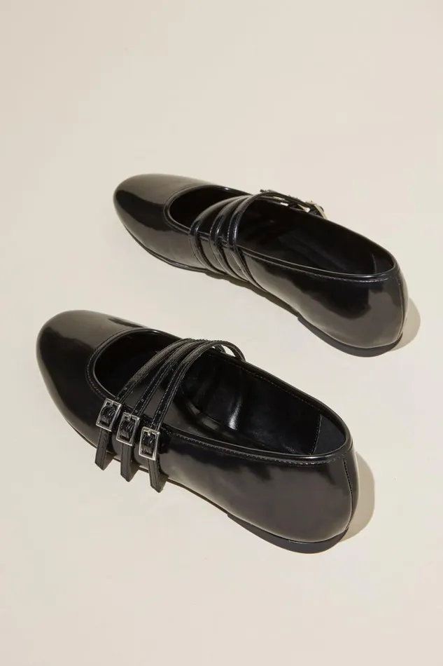 Women Shoes and Slippers Cotton On Amy Round Strappy Ballet Black Patent