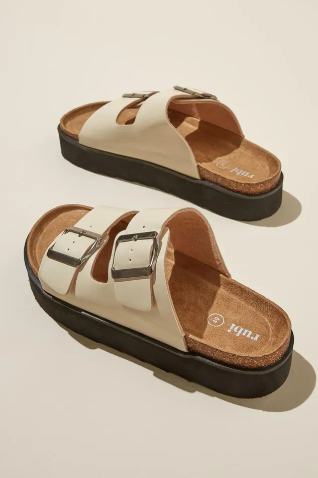 Women Shoes and Slippers Cotton On Rex Flatform Buckle Slide Ecru Smooth