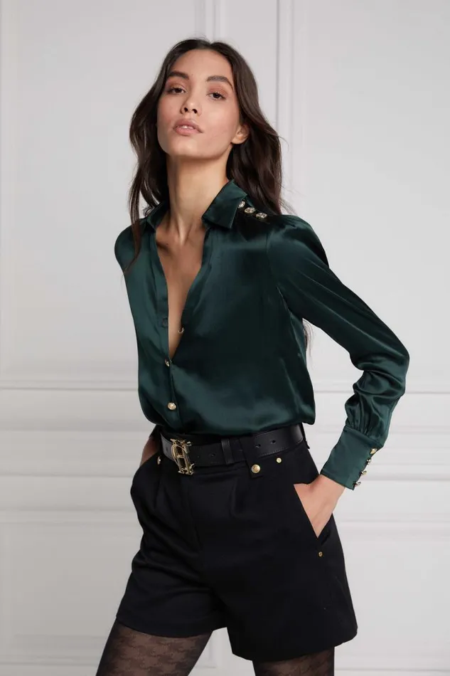 Women Silk VNeck Blouse Emerald Holland Cooper Shirts and Blouses