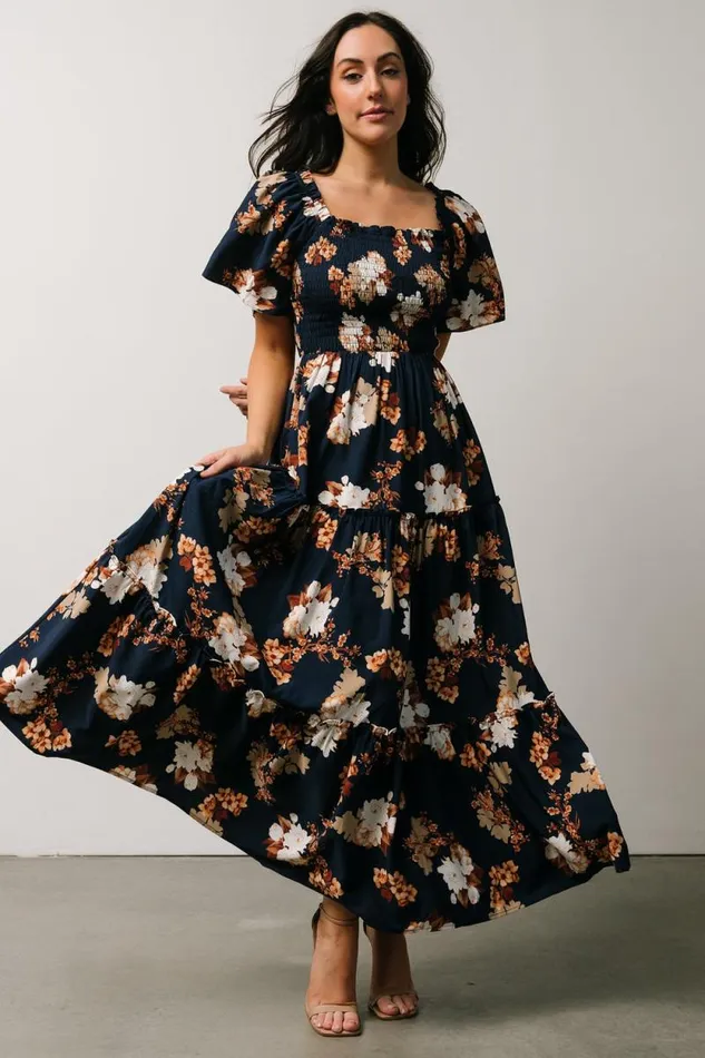 Women Southampton Smocked Maxi Dress Navy Multi Floral Baltic Born Bump Friendly