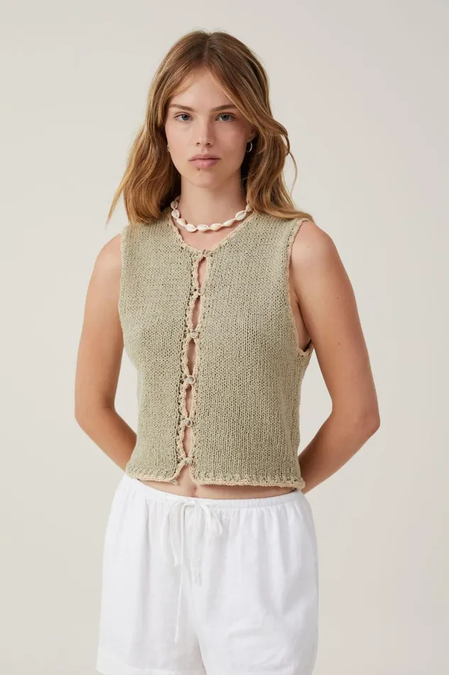 Women Sweaters and Cardigans Cotton On Boucle Blanket Stitch Vest Desert Sageshortbread