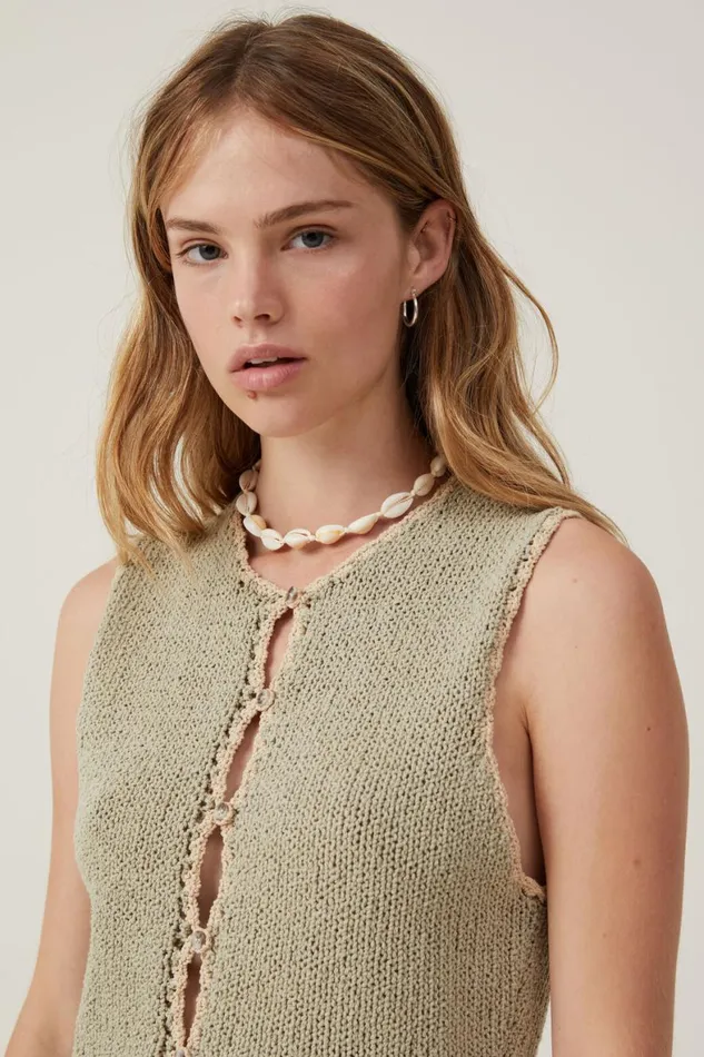 Women Sweaters and Cardigans Cotton On Boucle Blanket Stitch Vest Desert Sageshortbread