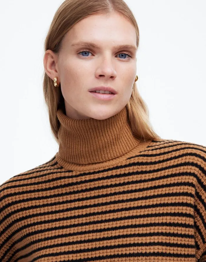 Women Sweaters Madewell Wool WaffleKnit Turtleneck In Stripe Hthr Caramel Stripe