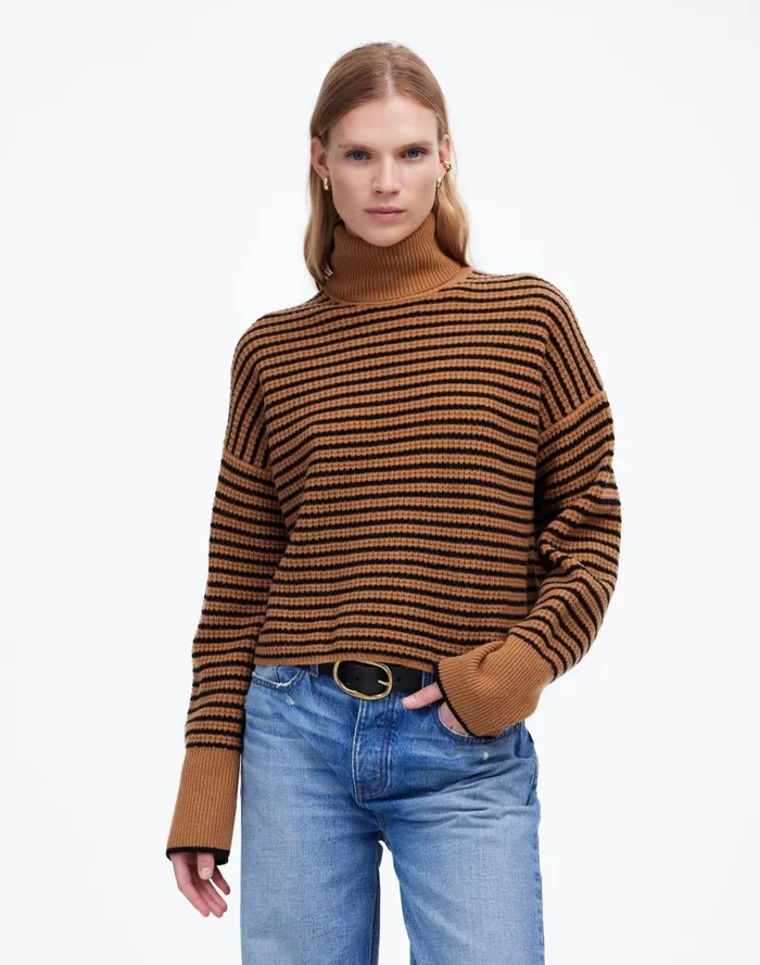 Women Sweaters Madewell Wool WaffleKnit Turtleneck In Stripe Hthr Caramel Stripe